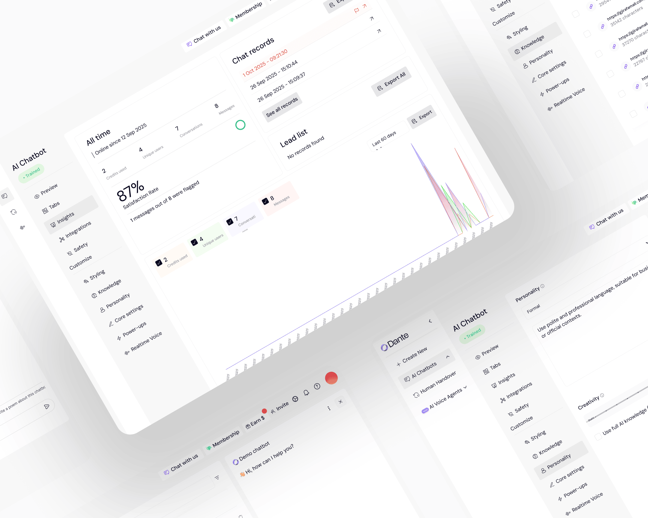 Pre-rebuild Dante product surfaces: dashboard, chat, and personality settings rendered as separate components rather than a coherent system