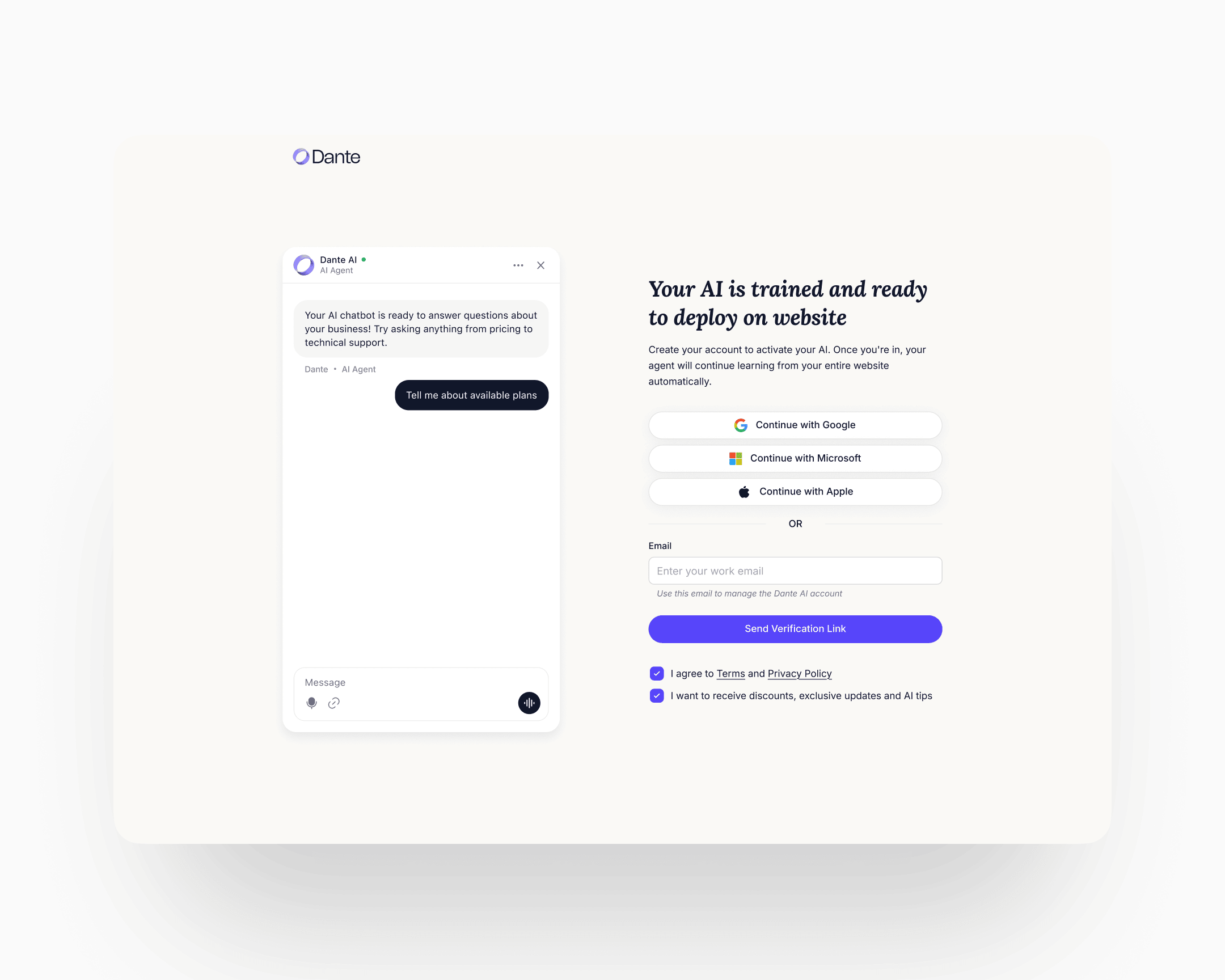 Step 3: the trained agent ready to deploy, with one-click SSO and a single email field for the minimum-viable signup