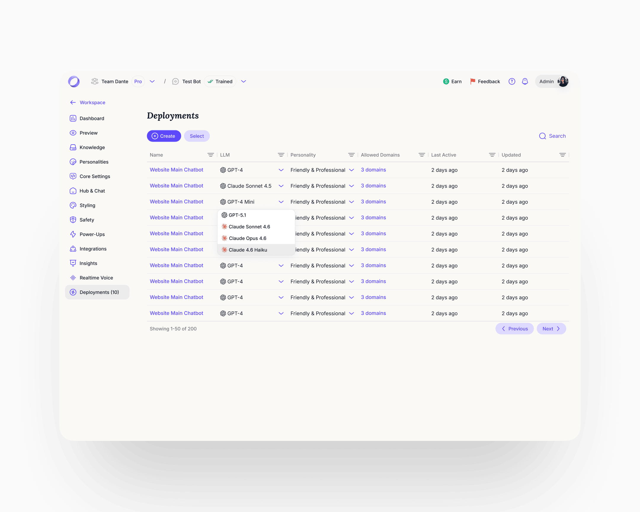 Deployments as a first-class managed surface: a table with Name, LLM, Personality, Allowed Domains, Last Active, and Updated columns, with the LLM dropdown open showing GPT-4, GPT-4 Mini, Claude Sonnet 4.5, Claude Opus 4.6, and Claude 4.6 Haiku