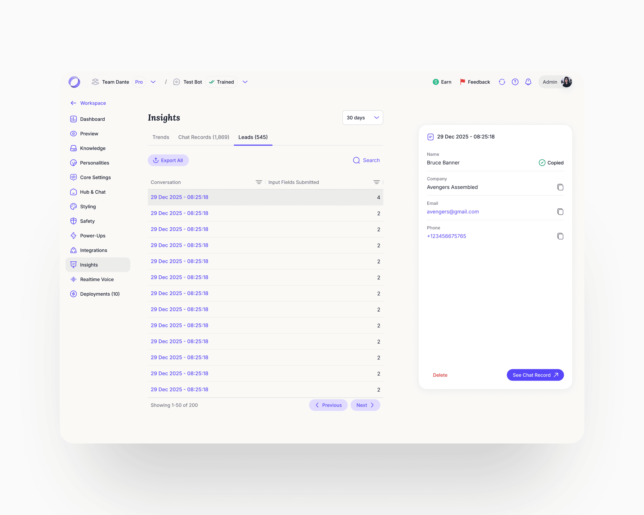 Insights with the Leads tab active: a fixed-schema table of captured leads alongside an opened profile card with per-field copy icons and a link back to the conversation that produced the lead