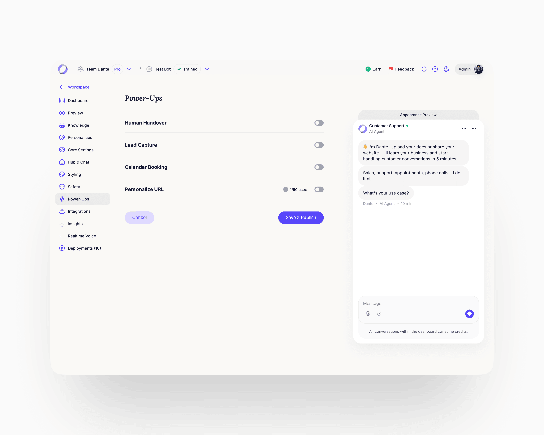 Power-Ups collapsed: four modules in a single navigable list (Human Handover, Lead Capture, Calendar Booking, Personalize URL) each with an on/off toggle, alongside the appearance preview