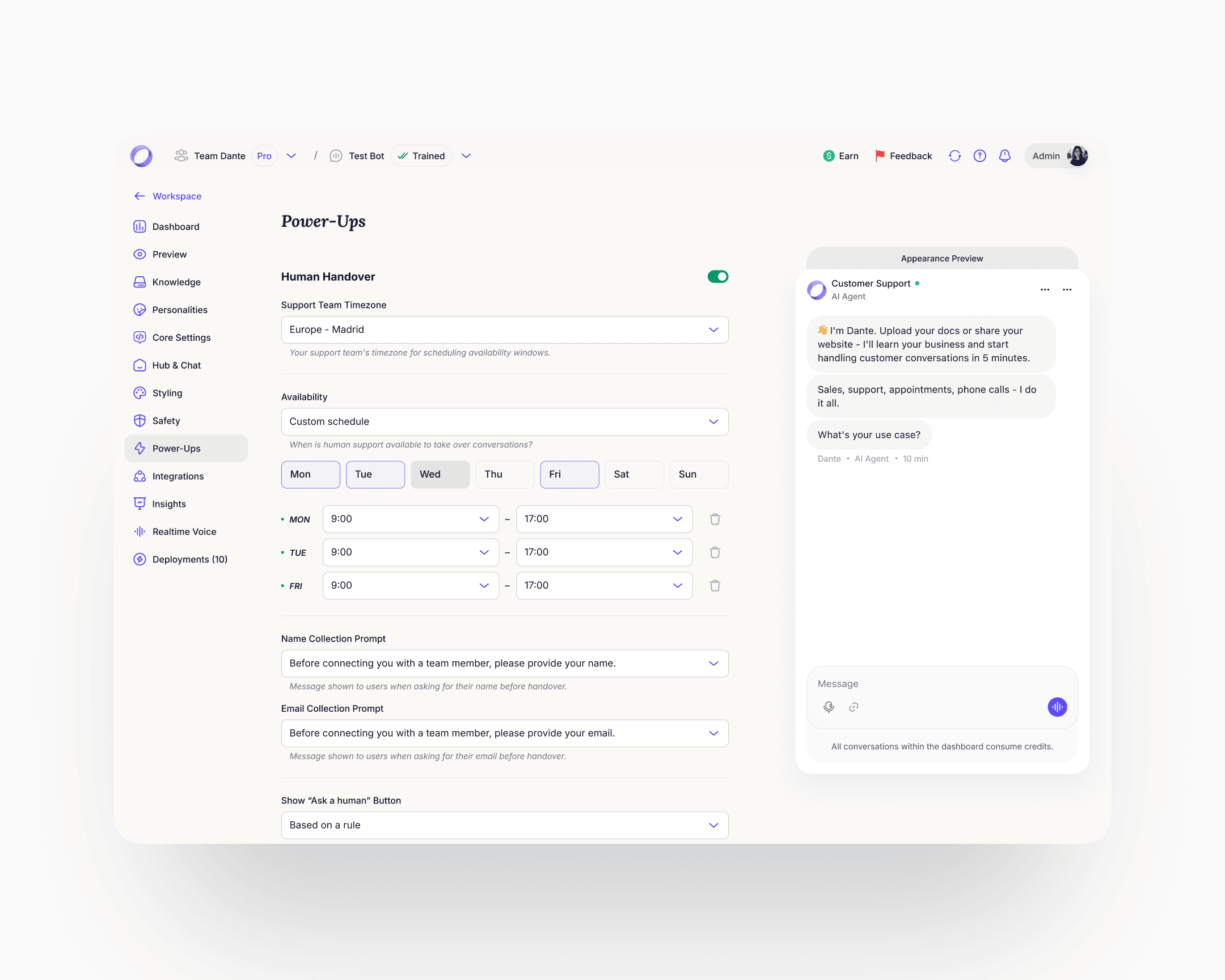 Power-Ups expanded: Human Handover module open, showing time-zone, day-by-day availability schedule with hour ranges, name and email collection prompts, and a rule-based trigger for the Ask-a-human button
