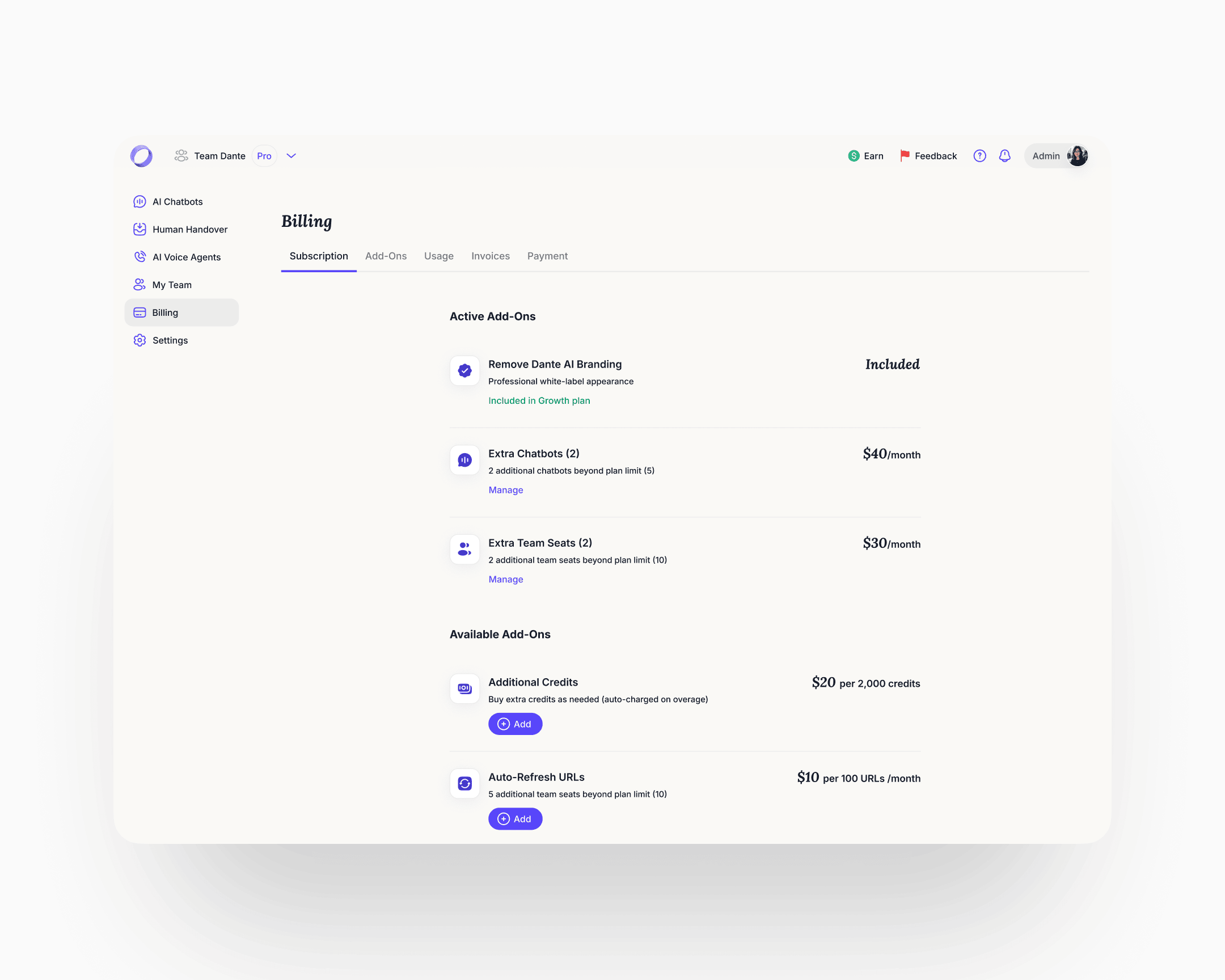 Billing, Add-Ons tab: active add-ons with manage paths (extra chatbots, extra team seats, white-label appearance) above available add-ons with one-click enable (additional credits, auto-refresh URLs)