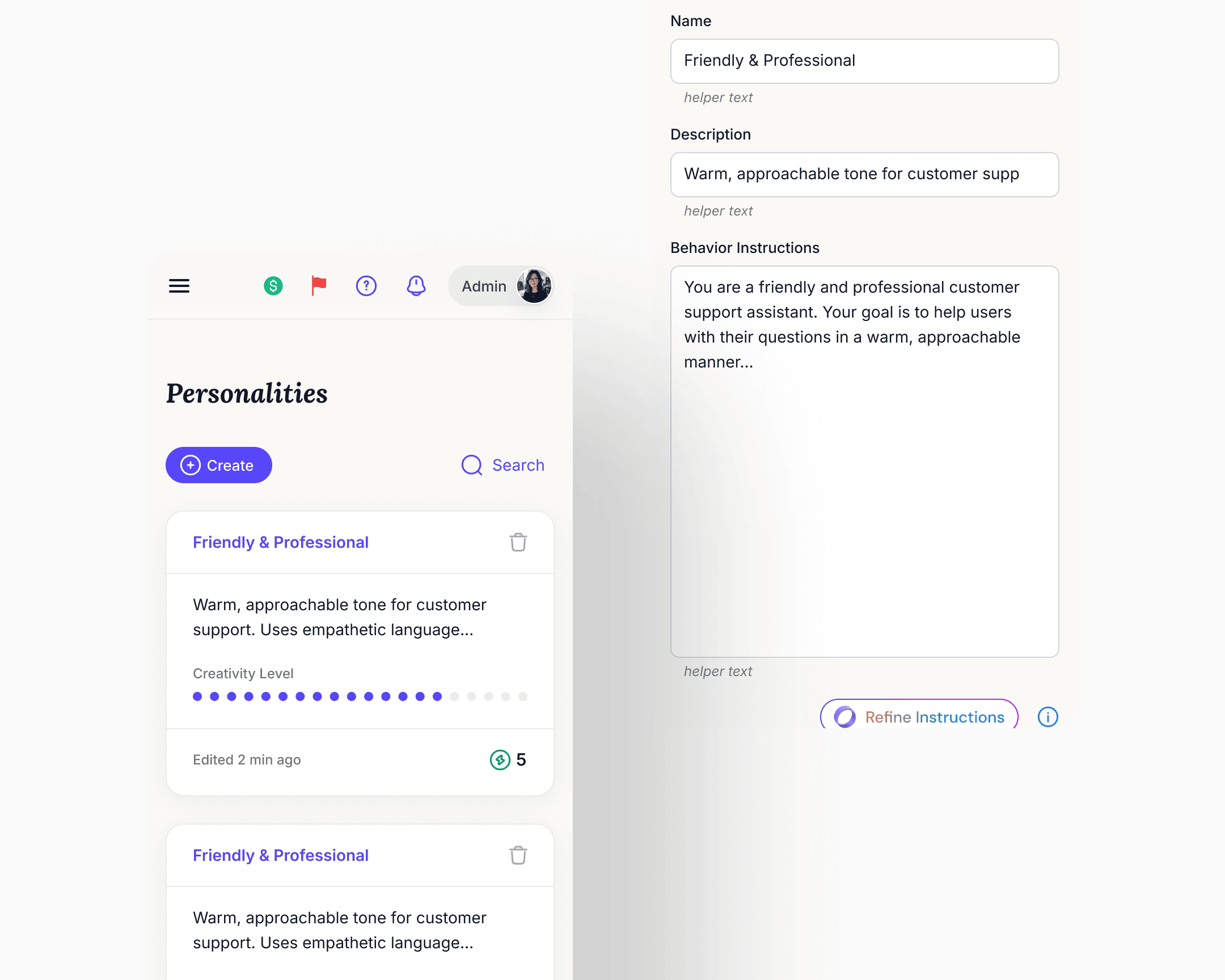 Mobile rebuilt: the Personalities surface with the workspace nav collapsed to a hamburger, alongside a personality config form (name, description, behaviour instructions) tuned to the screen rather than shrunk from desktop