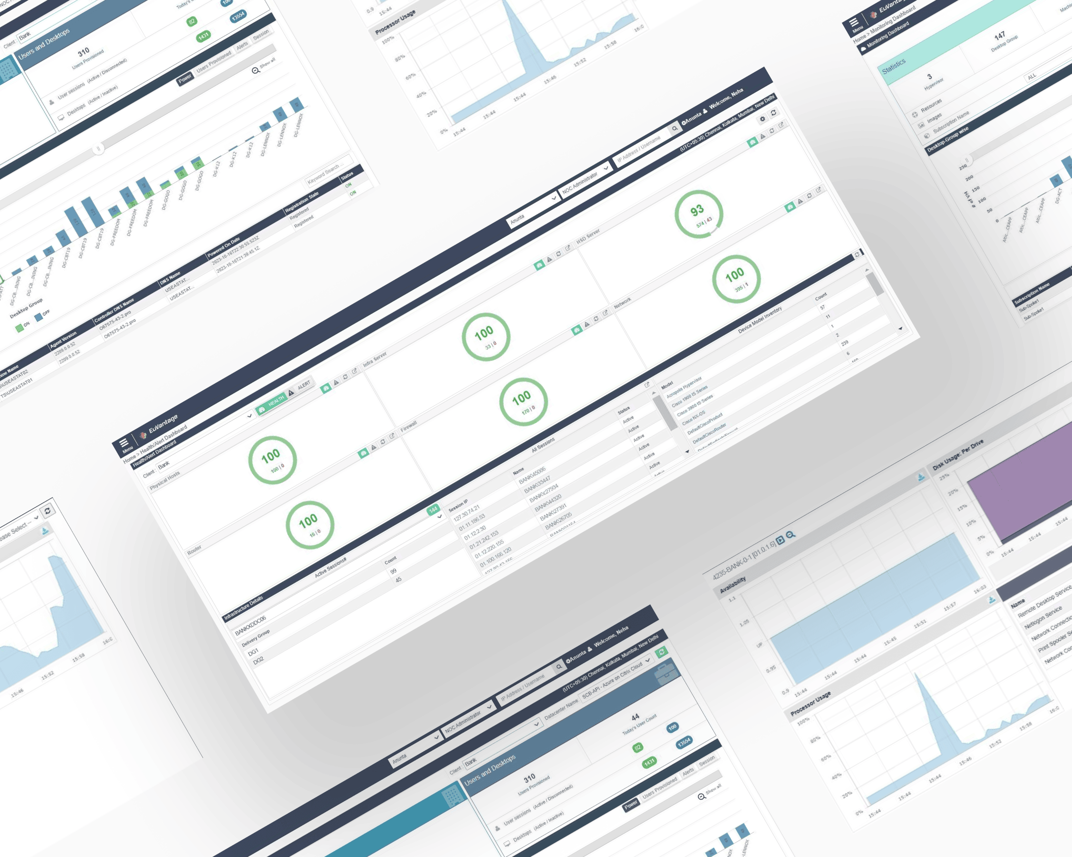 Pre-rebuild EuVantage surfaces: a set of screens assembled rather than systematised, each carrying its own visual idiom and entry shape