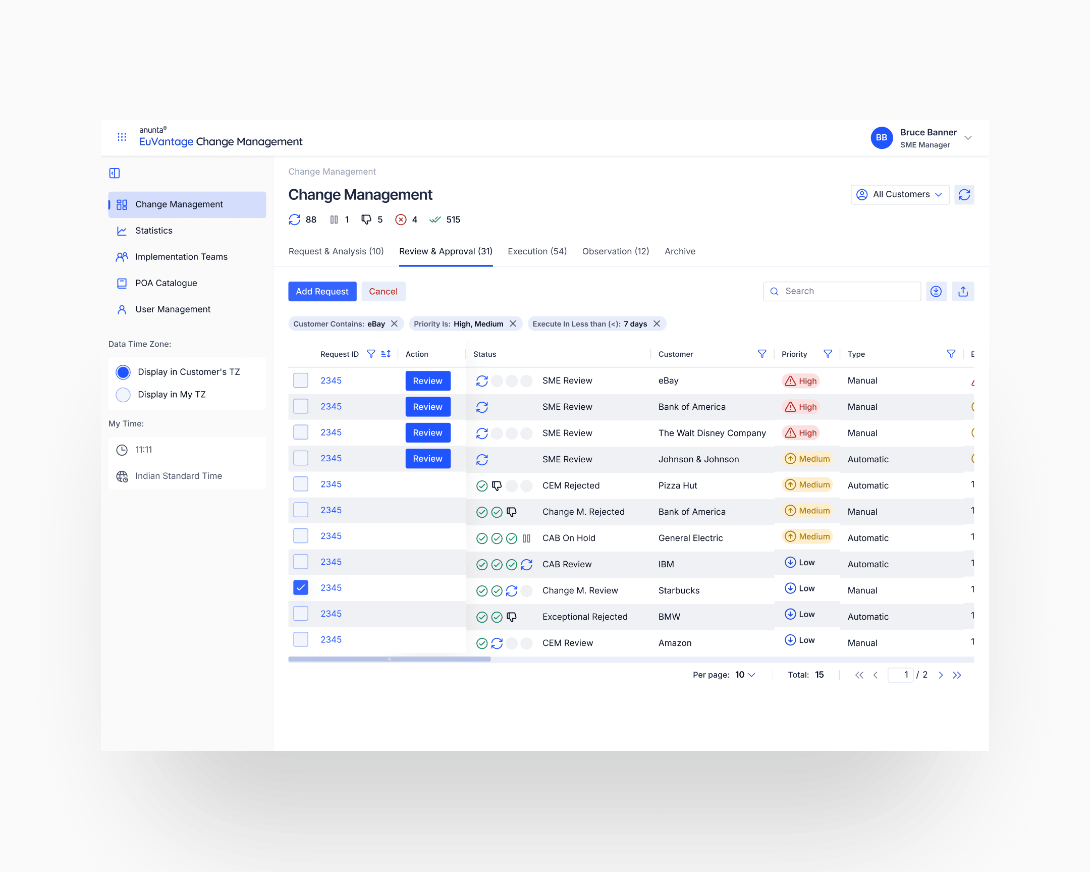 EuVantage Change Management: second product on the same foundation, sharing severity language, scope panel, and table patterns with Monitoring