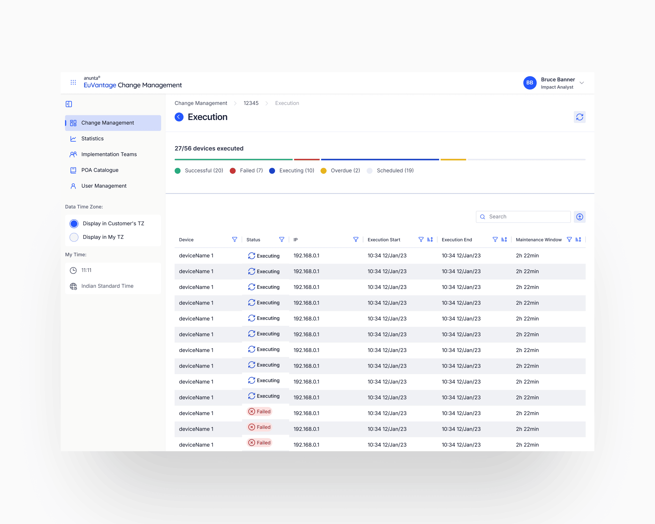 Change Management deeper view: the same primitives that read across Monitoring (severity icons, scope chain, column treatment, typography) carry an entirely different workflow