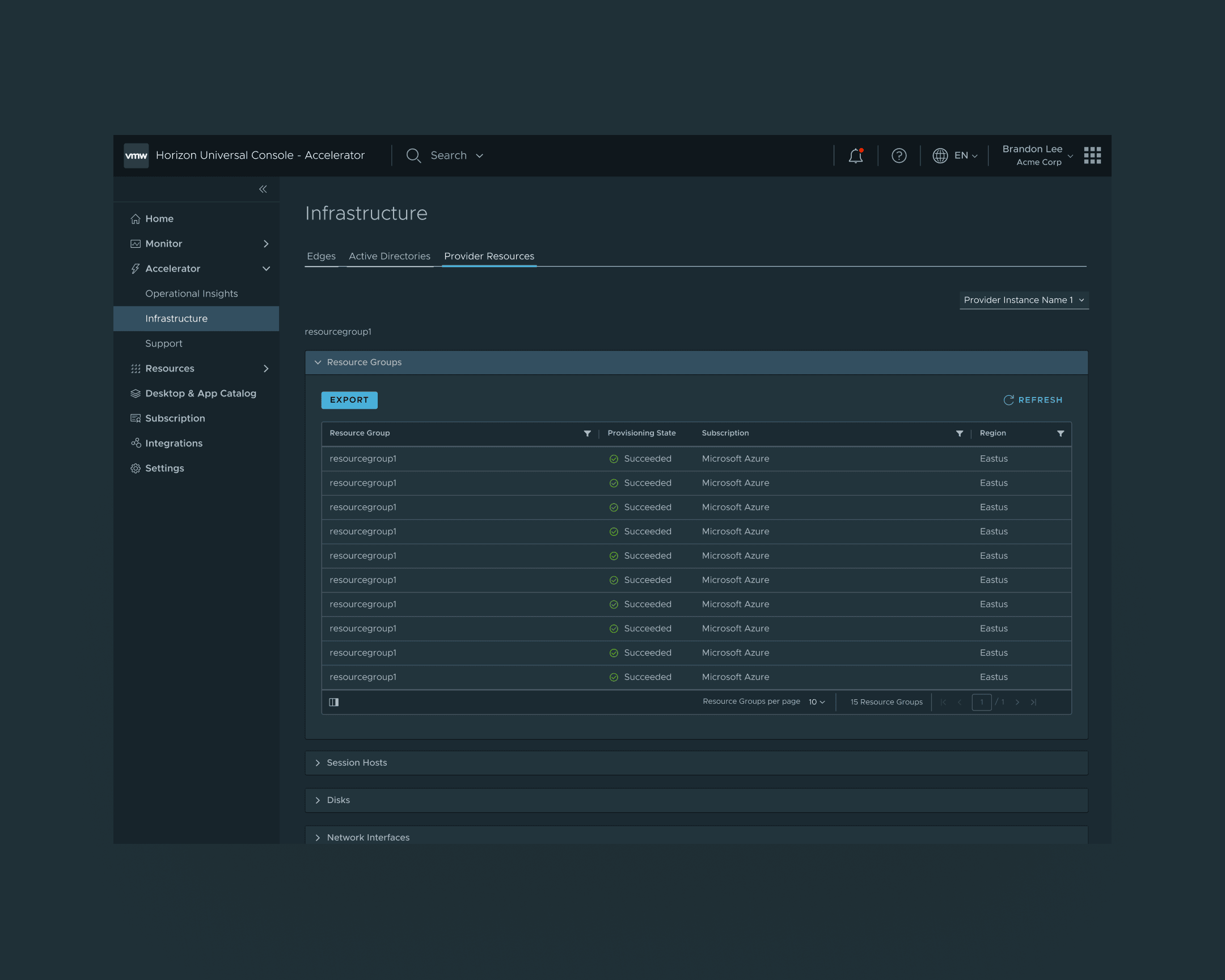 The Provider Resources view inside Infrastructure: a provider-instance dropdown at the top, an accordion stack of eight resource categories, with Resource Groups expanded into a paginated table of status, subscription, and region per row