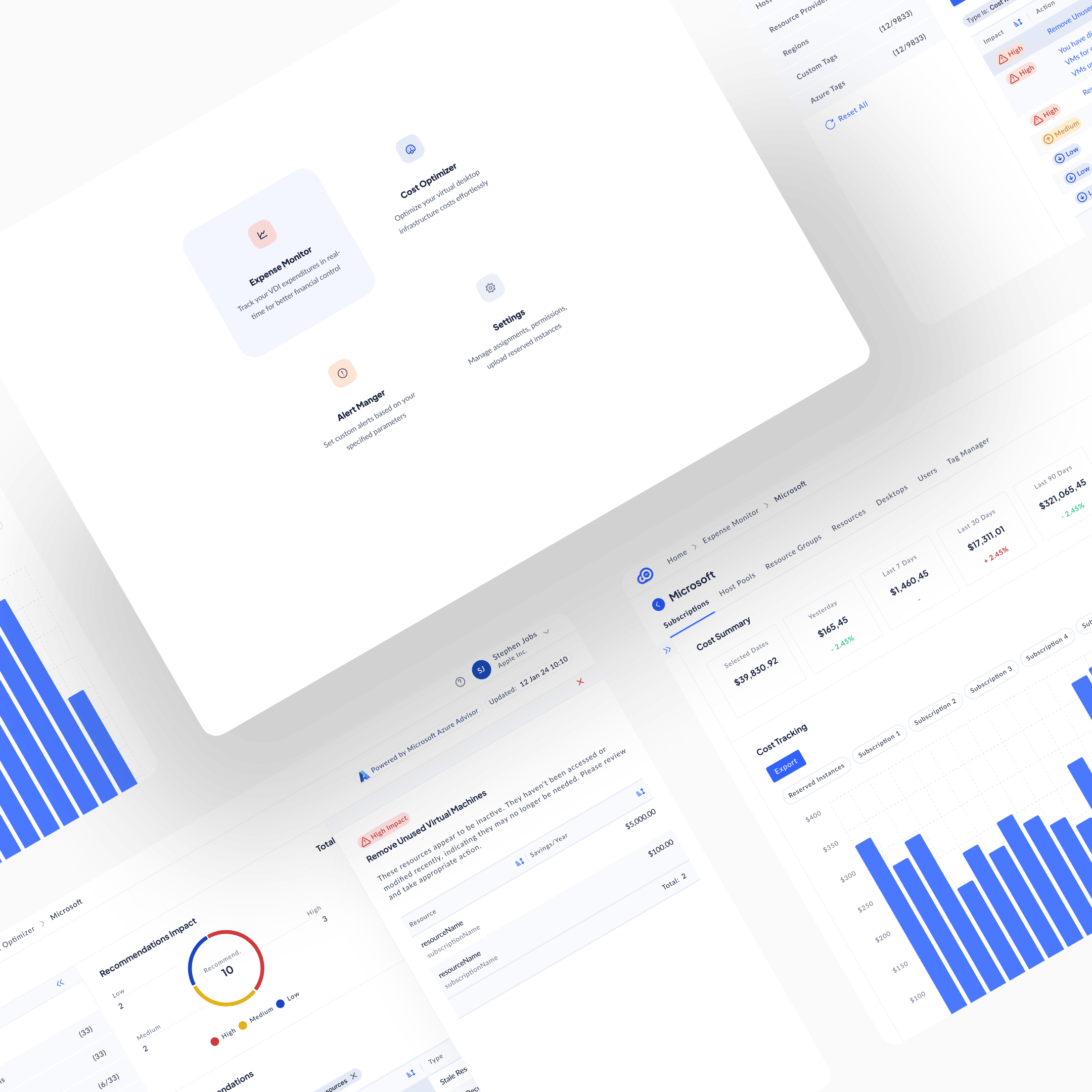 CloudOptimal — composed surfaces: home dashboard, expense monitor, cost optimiser, and alert detail